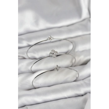 Mey İthalat® Zirkon Taşlı Gümüş Renk Yonca Tasarım 3lü Kadın Bileklik Kombini