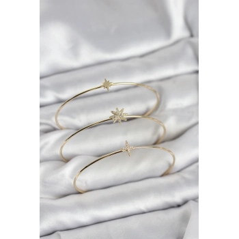 Mey İthalat® Zirkon Taşlı Kutup Yıldızı Model Gold Renk 3lü Kadın Bileklik Kombini