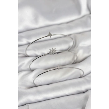 Mey İthalat® Zirkon Taşlı Kutup Yıldızı Model Gümüş Renk 3lü Kadın Bileklik Kombini