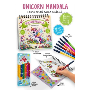 Unicorn Mandala - 6 Renk Keçeli Kalem ve 75 Adet Çıkartma Hediyeli 3+