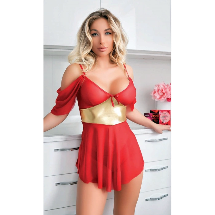 Arias Closet Sarı Kuşak Detaylı Fantezi Kırmızı Gecelik