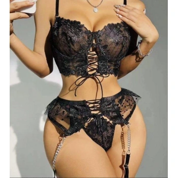 Arias Closet Büstiyerli Dantel Fantezi Siyah Jartiyer Takımı