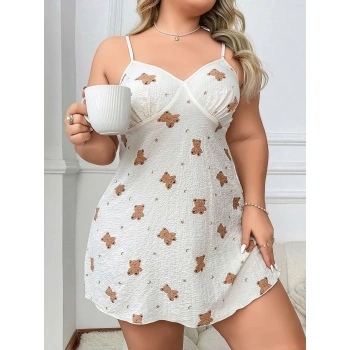 Arias Closet Büyük Beden Ayıcık Desenli Pamuklu İnce Askılı Mini Gecelik