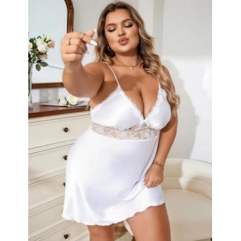 Arias Closet Büyük Beden Beyaz Dantel İşlemeli Saten Gecelik