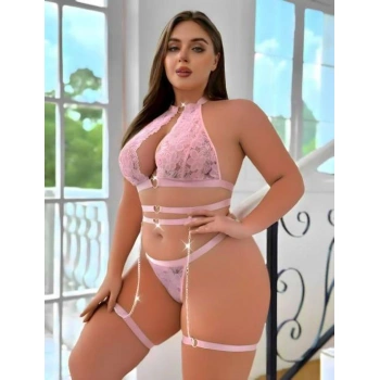 Arias Closet Büyük Beden Pembe Dantel İşlemeli Zincir Detaylı Jartiyer Takımı