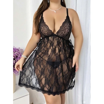 Arias Closet Büyük Beden Siyah Dantel İşlemeli Fantezi Tül Gecelik