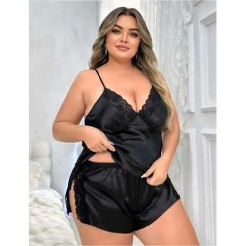 Arias Closet Büyük Beden Siyah Yırtmaç Dantel İşlemeli Saten Şortlu Takım
