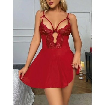 Arias Closet Kırmızı Dantel İşlemeli Göğüs İp Detaylı Fantezi Tül Gecelik Takımı