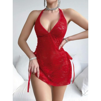 Arias Closet Kırmızı Dantel İşlemeli Yandan Bağlamalı Fantezi Tül Gecelik