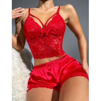 Arias Closet Kırmızı Dantelli Büstiyer İnce Askılı Saten Şortlu Takım