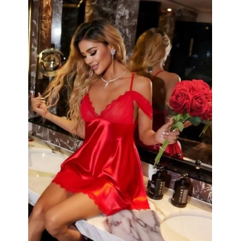 Arias Closet Kırmızı Düşük Omuz İnce Askılı Saten Kısa Fantezi Gecelik