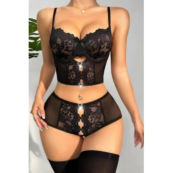 Arias Closet Özel Bölgesi Açık Siyah Dantelli Fantezi Büstiyer Takım