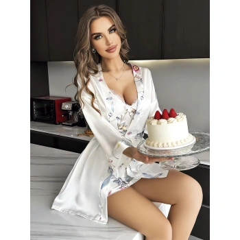Arias Closet Özel Tasarım Çiçek Desenli Göğüs Dekolteli Sabahlıklı 2li Beyaz Saten Gecelik Takımı