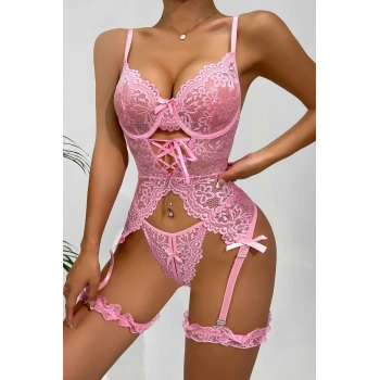 Arias Closet Özel Tasarım Dantelli Fantezi Pembe Jartiyer Takımı
