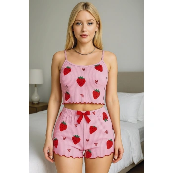 Arias Closet Pamuklu Pembe Üstüne Çilek Desen Fitilli Askılı Şortlu Pijama Takımı