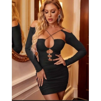 Arias Closet Siyah Göğüs Dekolteli İp Detaylı Mini Club Elbisesi