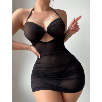 Arias Closet Siyah Göğüs Zincirli Tül Fantezi Gecelik