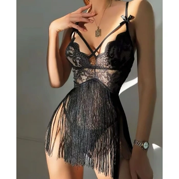 Arias Closet Siyah Püsküllü Dantel Detaylı Fantezi Gecelik