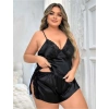 Arias Closet Büyük Beden Siyah Yırtmaç Dantel İşlemeli Saten Şortlu Takım