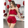 Arias Closet Kırmızı İnce Askılı Kurdelalı Saten Şortlu Takım