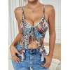 Arias Closet Leopar Desenli İnce Askılı Önden Bağlamalı Fırfır Detaylı Crop