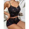 Arias Closet Siyah Üstüne Kırmızı Çilek Desenli Askılı Şortlu Pijama Takımı
