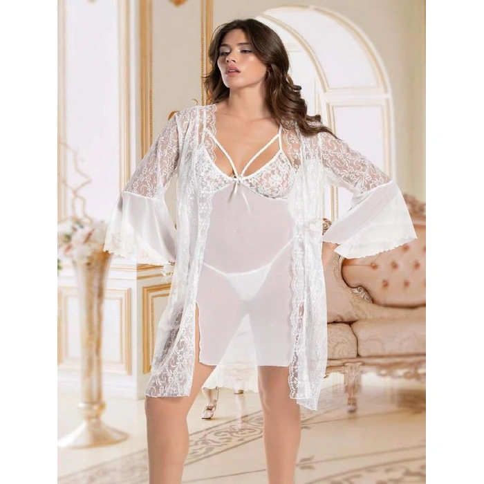 Arias Closet Beyaz Transparan Dantel İşlemeli Tül Yırtmaçlı 2li Gecelik Takımı