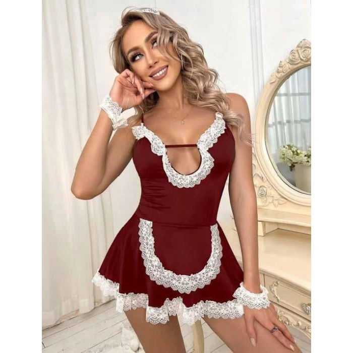 Arias Closet Bordo Beyaz Aksesuarlı Dantelli Fantezi Hizmetçi Kostümü