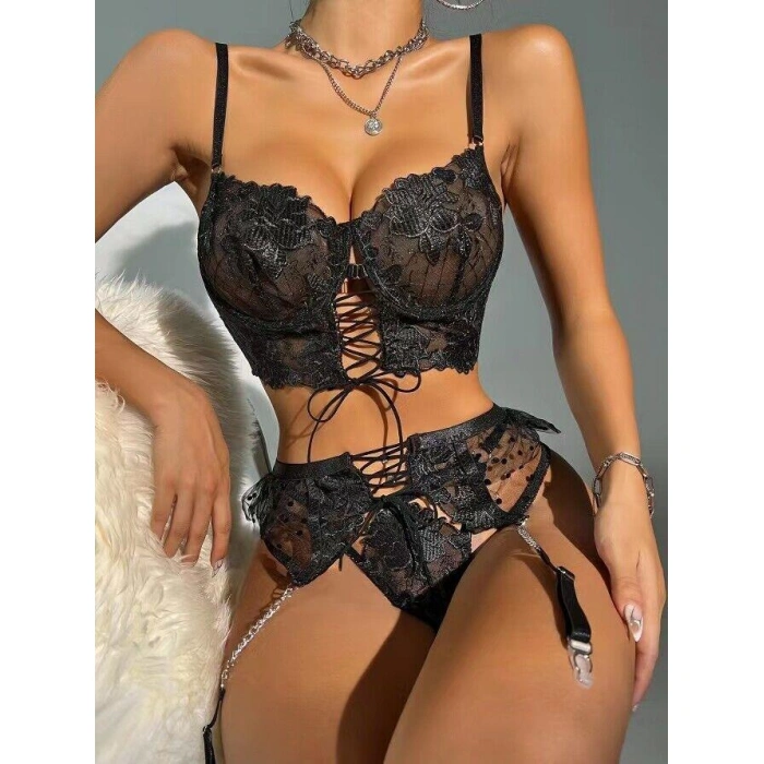 Arias Closet Büstiyerli Dantel Fantezi Siyah Jartiyer Takımı