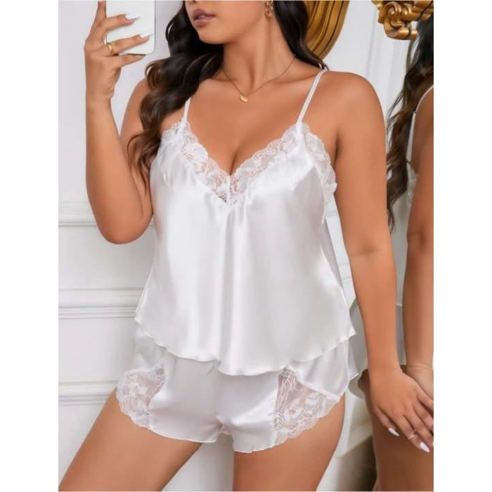Arias Closet Büyük Beden Beyaz Dantel İşlemeli Saten Şortlu Takım