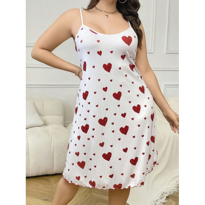 Arias Closet Büyük Beden Kalp Desen Pamuklu İnce Askılı Uzun Gecelik