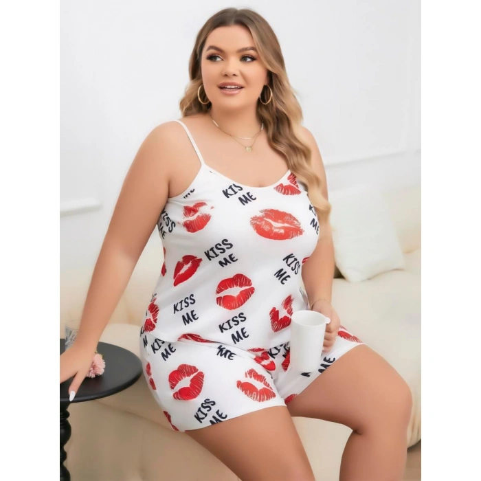 Arias Closet Büyük Beden Kiss Me Öpücük Desen Pamuklu Şortlu Pijama Takımı