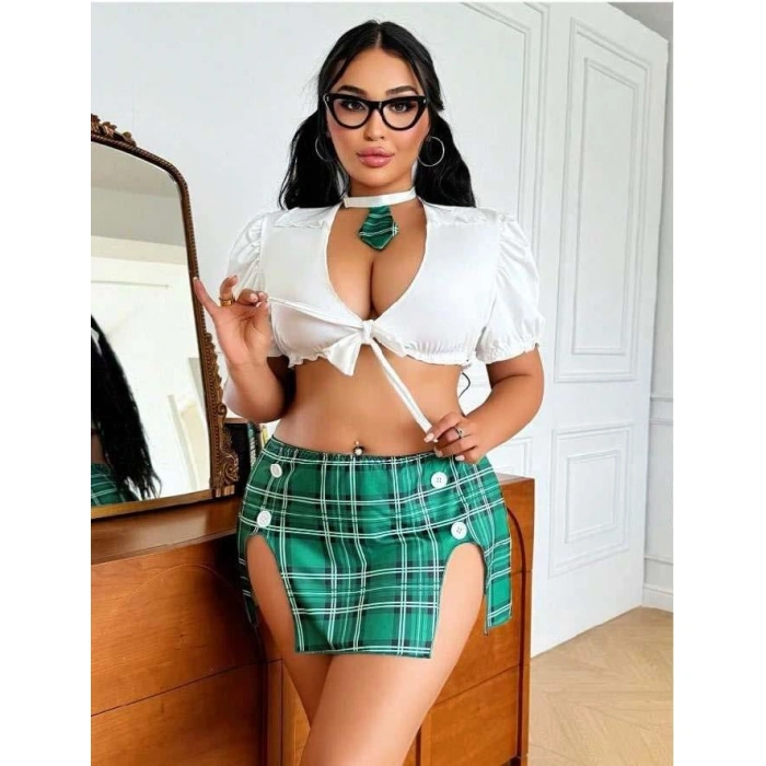 Arias Closet Büyük Beden Kravatlı Yeşil Ekose Desen Etekli Fantezi Liseli Kostüm