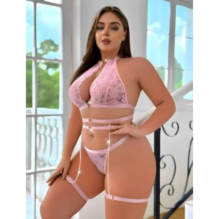 Arias Closet Büyük Beden Pembe Dantel İşlemeli Zincir Detaylı Jartiyer Takımı