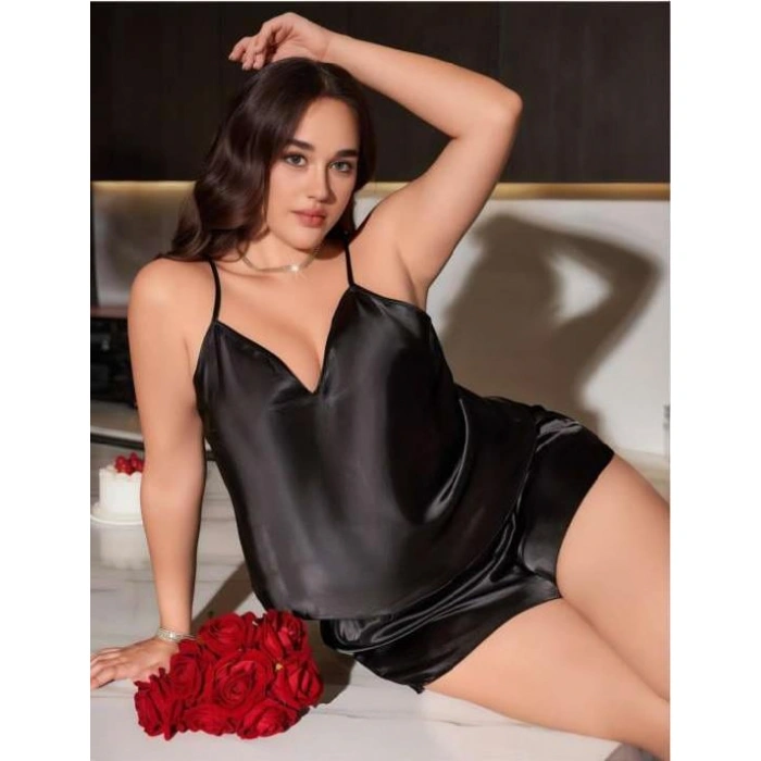 Arias Closet Büyük Beden Siyah Saten Şortlu Takım