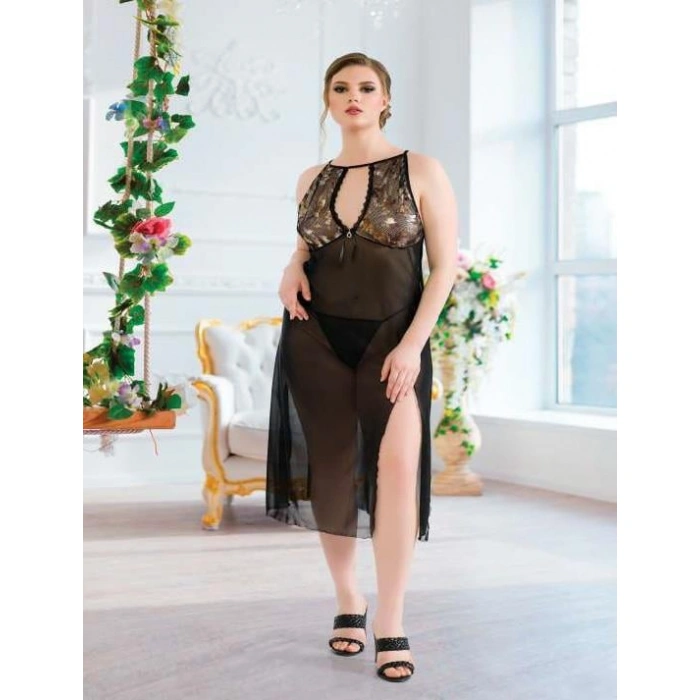 Arias Closet Büyük Beden Siyah Tül Fantezi Uzun Yırtmaçlı Gecelik