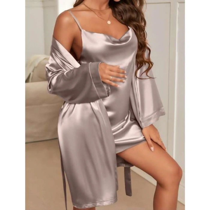 Arias Closet Degajeli İnce Askılı Vizon Saten 2li Gecelik Sabahlık Takımı