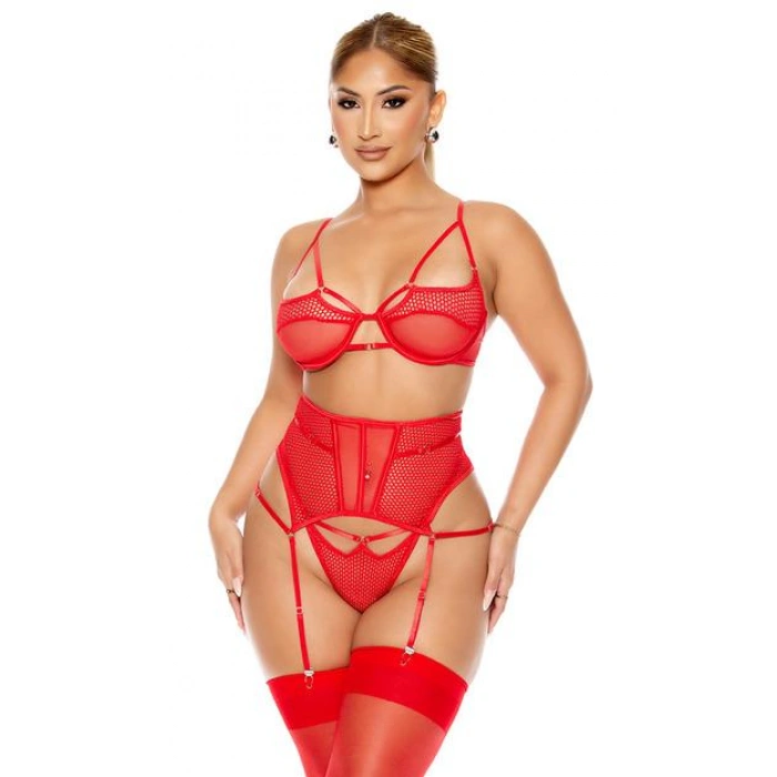 Arias Closet Fantezi File Tül Detaylı Kırmızı Jartiyer Takım