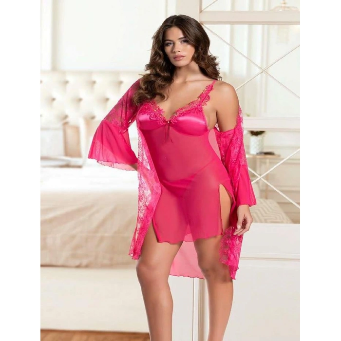 Arias Closet Fuşya Transparan Dantel İşlemeli Tül Yırtmaçlı 2li Gecelik Takımı