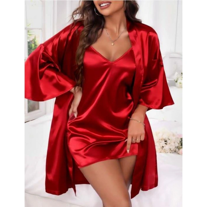 Arias Closet İnce Askılı Kırmızı Saten 2li Gecelik Sabahlık Takımı