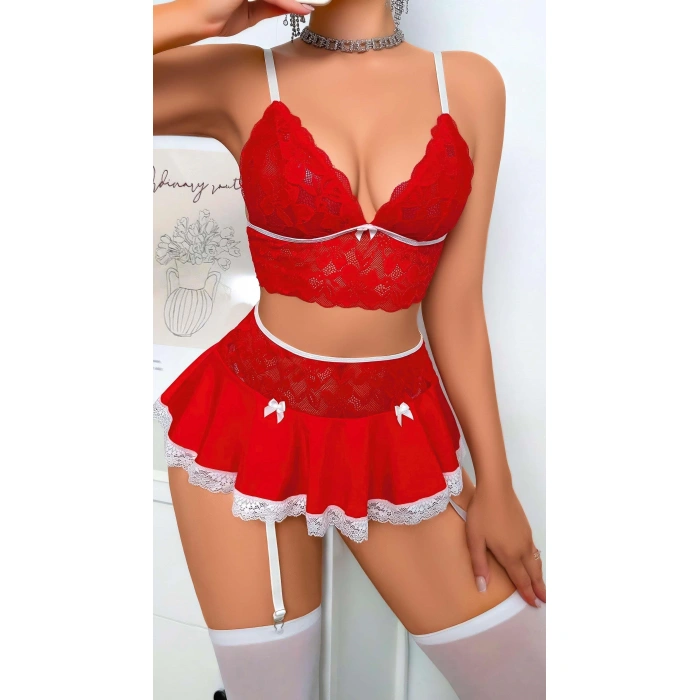 Arias Closet Kırmızı Dantel İşlemeli Büstiyerli Etekli Fantezi Kostüm