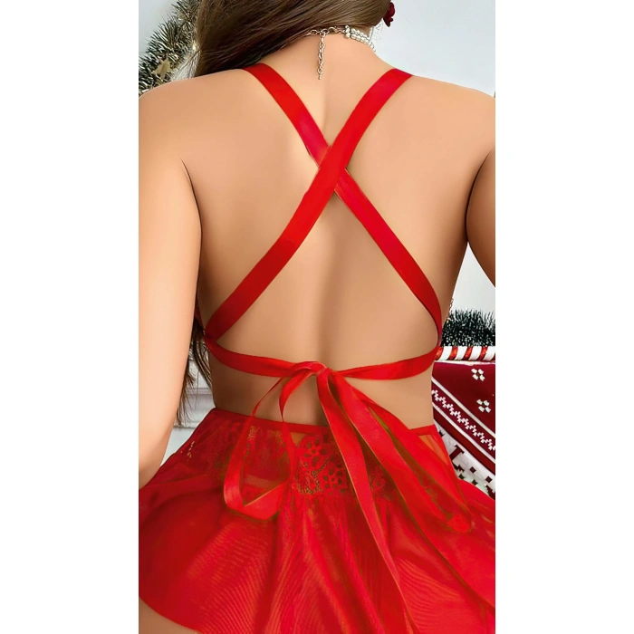 Arias Closet Kırmızı Dantel İşlemeli Etekli Sütyen Fantezi Takım