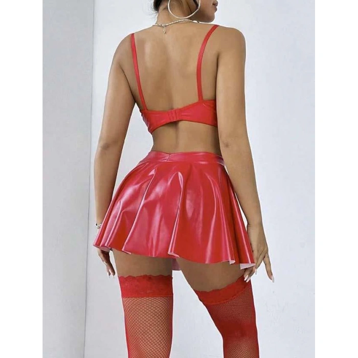 Arias Closet Kırmızı Etekli Fantezi Deri Şık Elbise