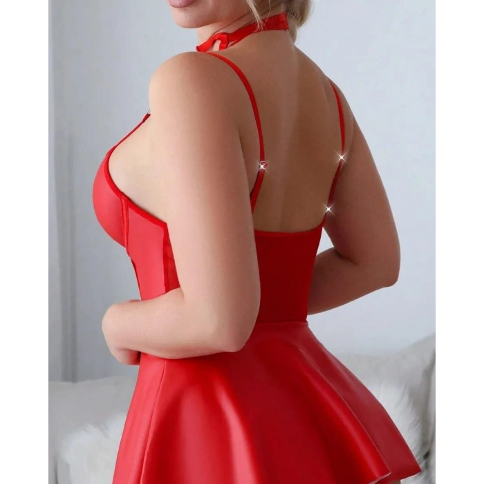 Arias Closet Kırmızı Fantezi Parlak Deri Şık Club Elbise