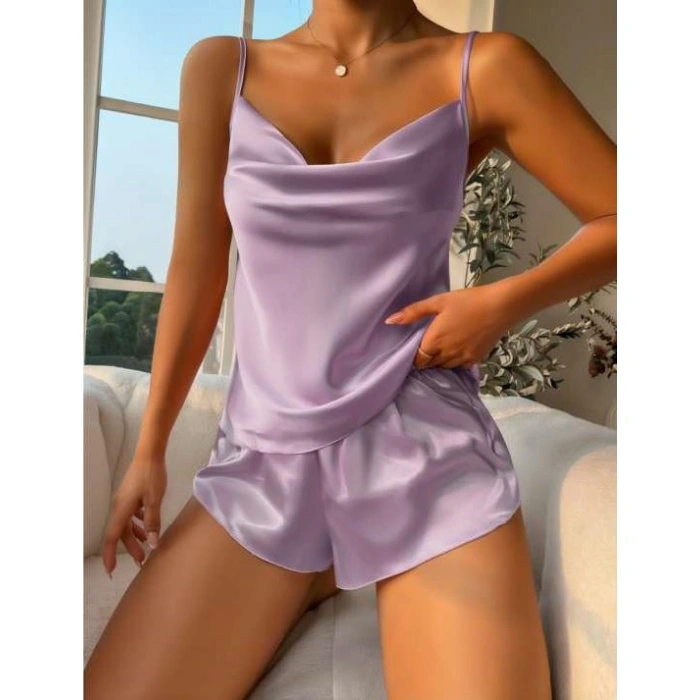 Arias Closet Lila İnce Askılı Saten Şortlu Takım