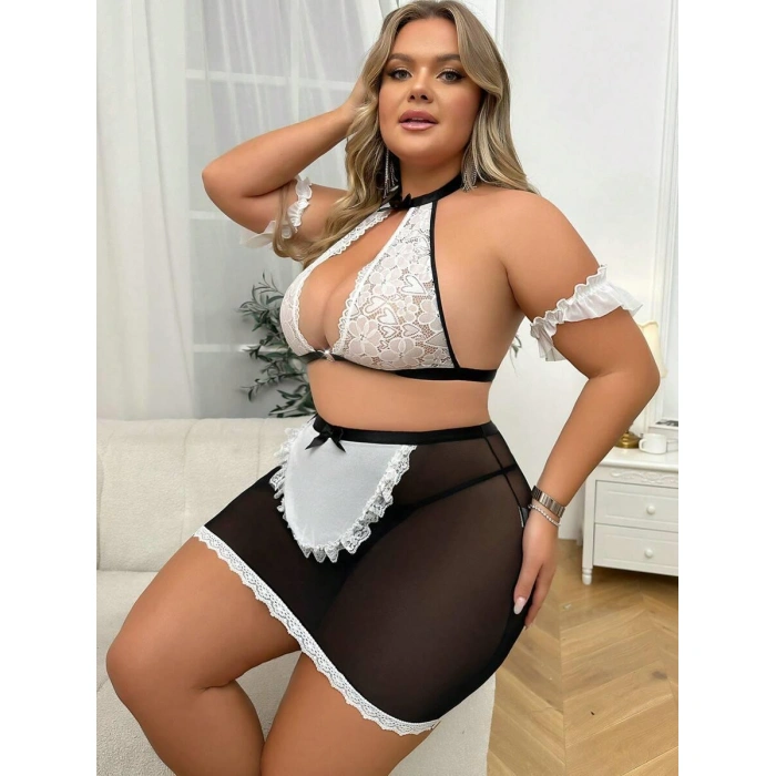 Arias Closet Özel Tasarım Büyük Beden Dantelli Fantezi Hizmetçi Kostümü