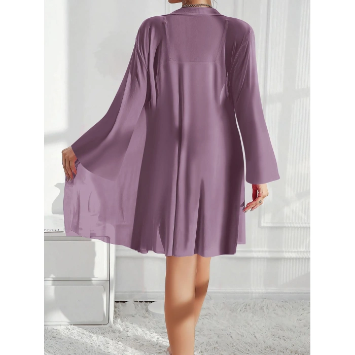 Arias Closet Özel Tasarım Dantel İşlemeli Fırfırlı Sabahlıklı 2li Mor Gecelik Takımı