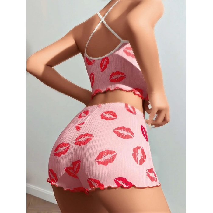 Arias Closet Pamuklu Kiss Öpücük Desen Pembe Şortlu Pijama Takımı