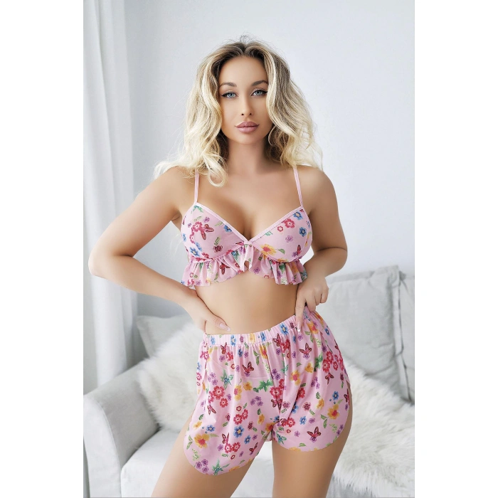 Arias Closet Pembe Desenli Fantezi Tül Şortlu Sütyen Takımı