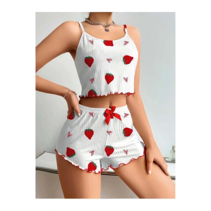 Arias Closet Penye Kumaş Çilek Desen Beyaz Şortlu Takım
